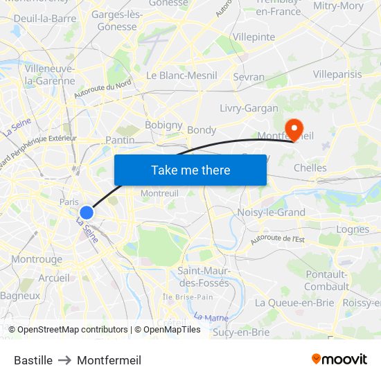Bastille to Montfermeil map