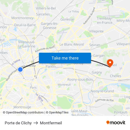 Porte de Clichy to Montfermeil map
