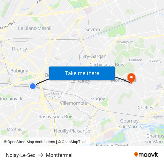 Noisy-Le-Sec to Montfermeil map