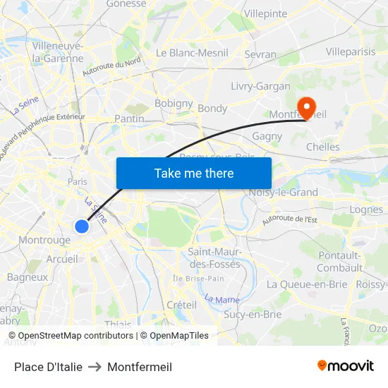 Place D'Italie to Montfermeil map