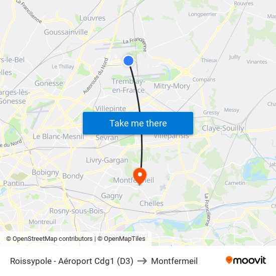 Roissypole - Aéroport Cdg1 (D3) to Montfermeil map