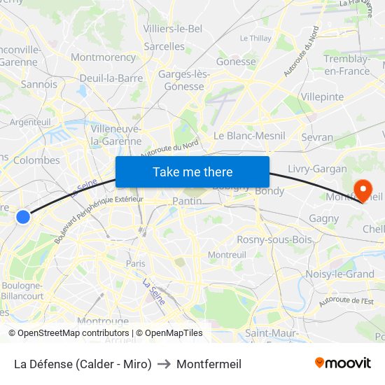 La Défense (Calder - Miro) to Montfermeil map