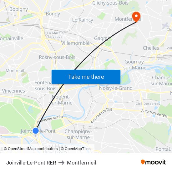 Joinville-Le-Pont RER to Montfermeil map