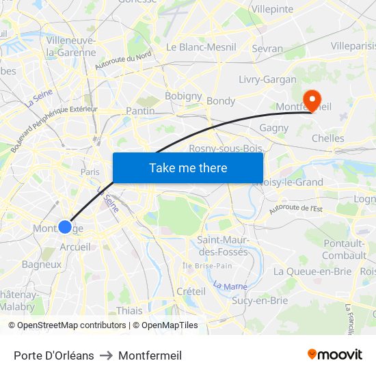 Porte D'Orléans to Montfermeil map