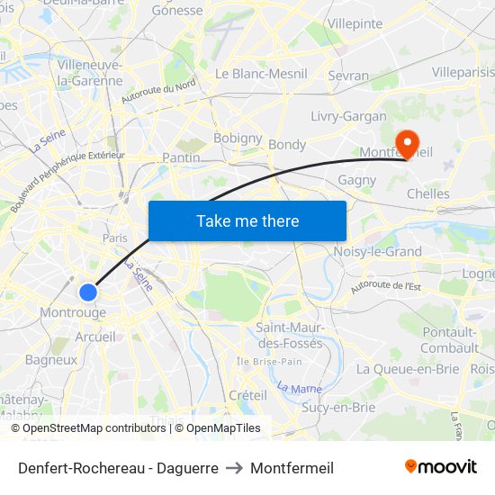 Denfert-Rochereau - Daguerre to Montfermeil map