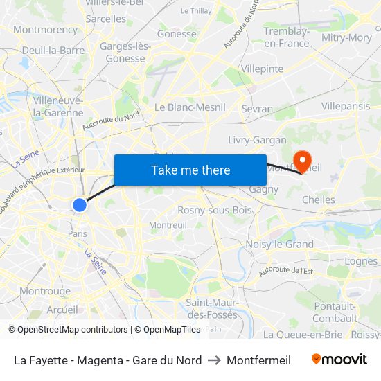 La Fayette - Magenta - Gare du Nord to Montfermeil map