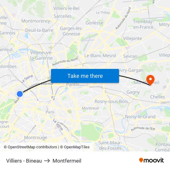 Villiers - Bineau to Montfermeil map