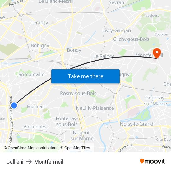 Gallieni to Montfermeil map