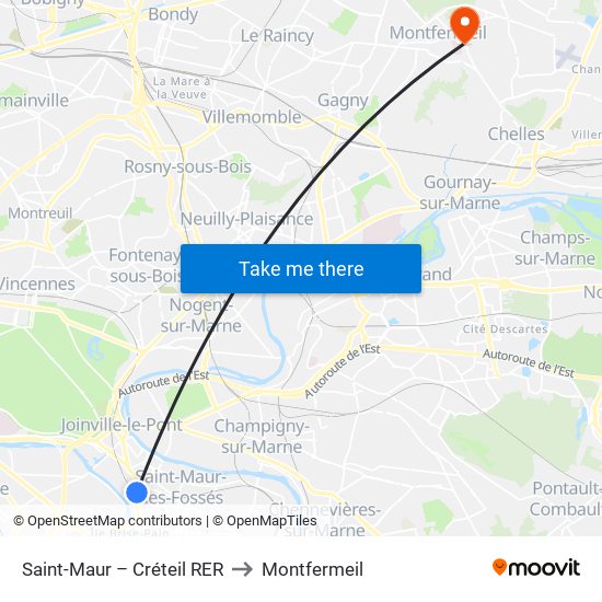 Saint-Maur – Créteil RER to Montfermeil map