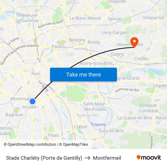 Stade Charléty (Porte de Gentilly) to Montfermeil map