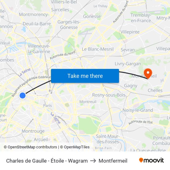 Charles de Gaulle - Étoile - Wagram to Montfermeil map