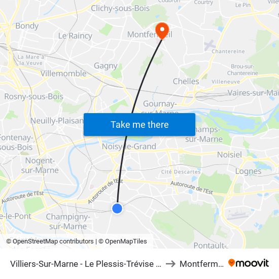 Villiers-Sur-Marne - Le Plessis-Trévise RER to Montfermeil map