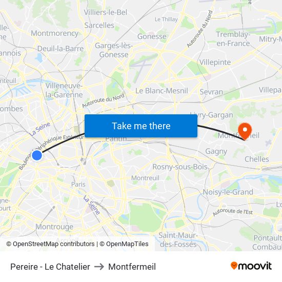 Pereire - Le Chatelier to Montfermeil map