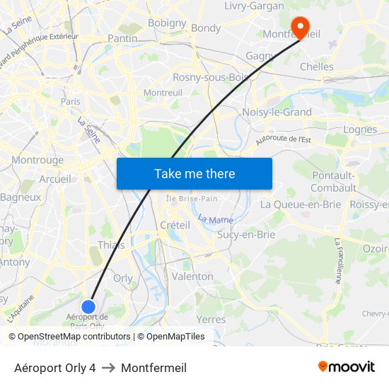 Aéroport Orly 4 to Montfermeil map