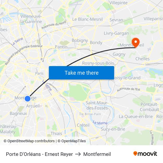 Porte D'Orléans - Ernest Reyer to Montfermeil map