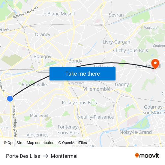 Porte Des Lilas to Montfermeil map