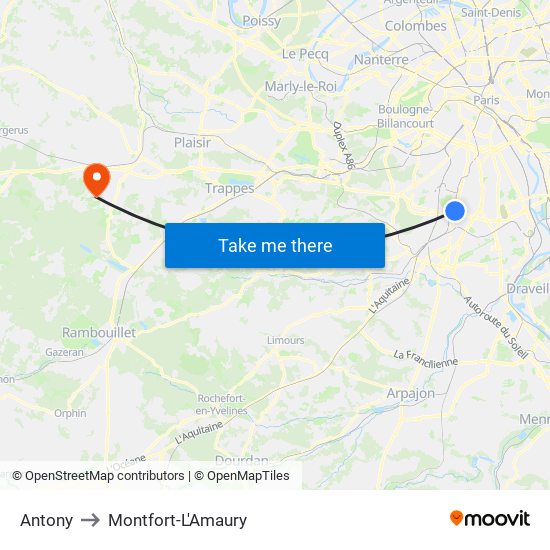 Antony to Montfort-L'Amaury map