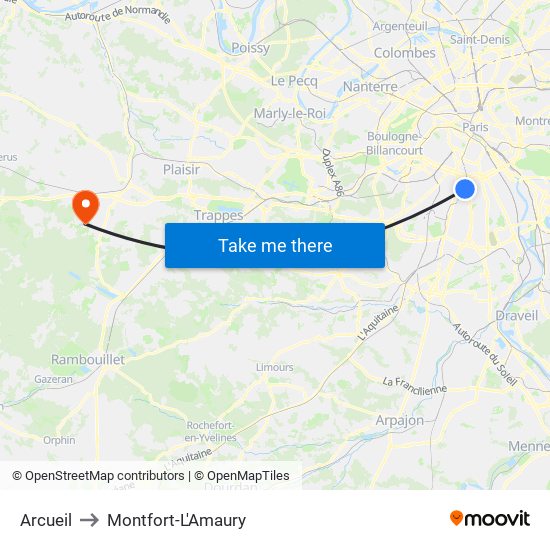 Arcueil to Montfort-L'Amaury map