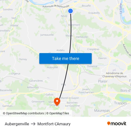 Aubergenville to Montfort-L'Amaury map