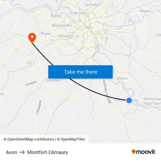 Avon to Montfort-L'Amaury map