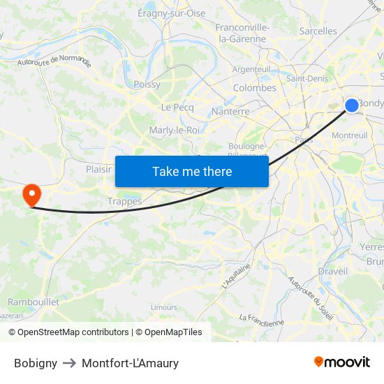 Bobigny to Montfort-L'Amaury map