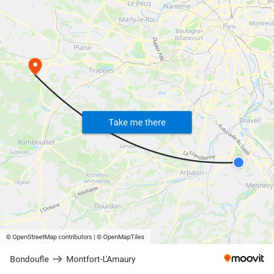Bondoufle to Montfort-L'Amaury map