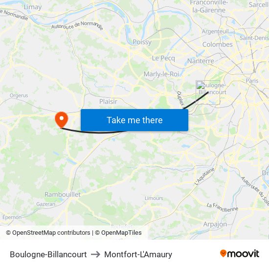 Boulogne-Billancourt to Montfort-L'Amaury map