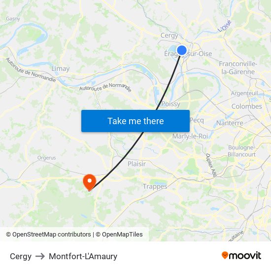 Cergy to Montfort-L'Amaury map
