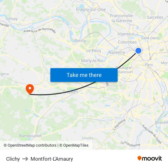 Clichy to Montfort-L'Amaury map
