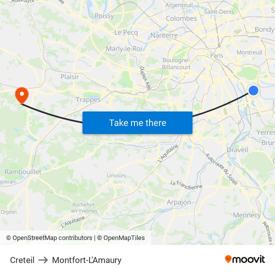 Creteil to Montfort-L'Amaury map