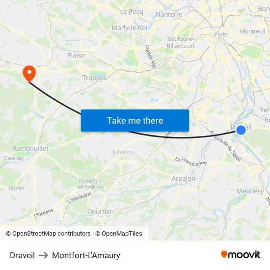 Draveil to Montfort-L'Amaury map