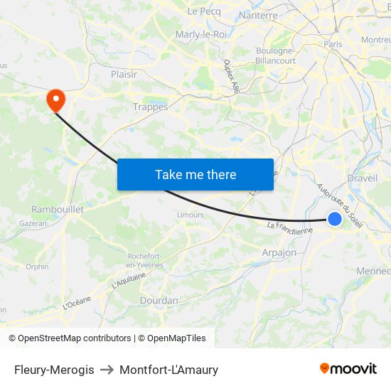 Fleury-Merogis to Montfort-L'Amaury map