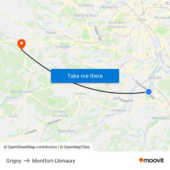 Grigny to Montfort-L'Amaury map