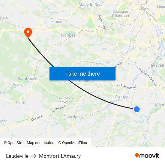 Leudeville to Montfort-L'Amaury map