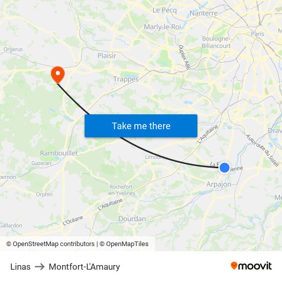 Linas to Montfort-L'Amaury map