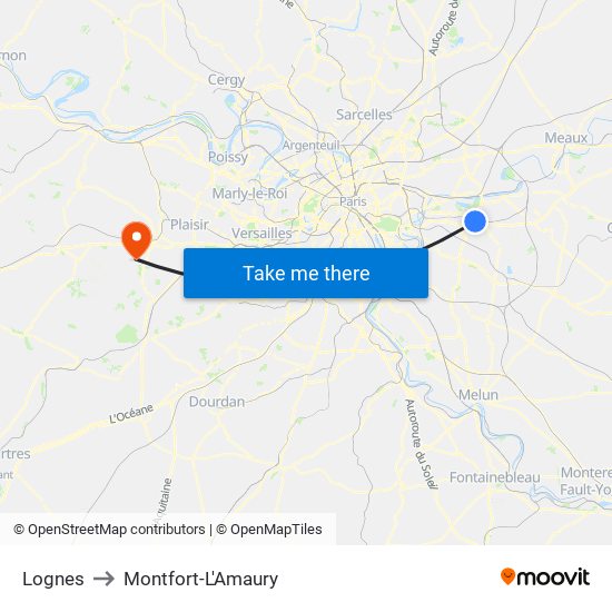 Lognes to Montfort-L'Amaury map