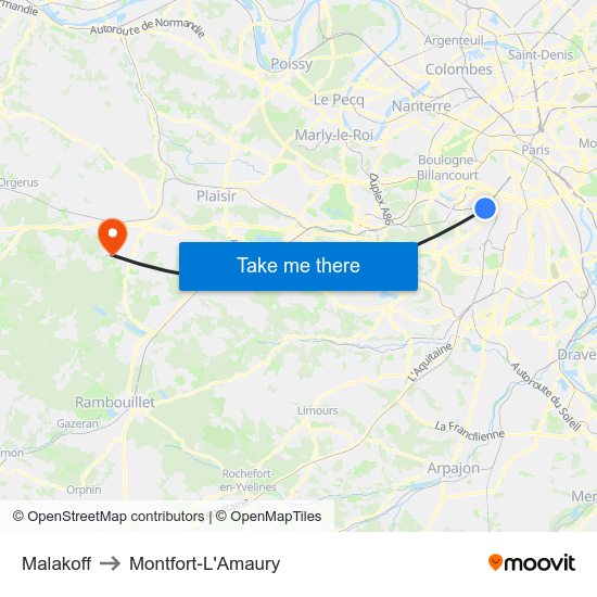 Malakoff to Montfort-L'Amaury map