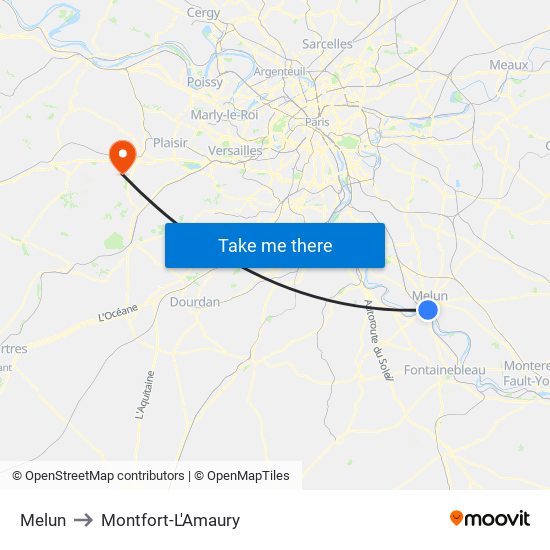 Melun to Montfort-L'Amaury map