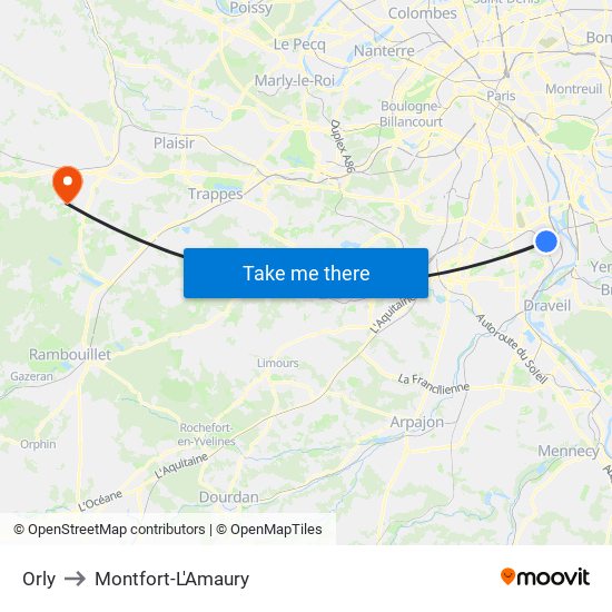 Orly to Montfort-L'Amaury map