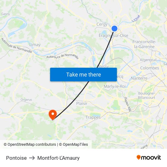 Pontoise to Montfort-L'Amaury map