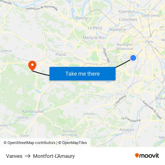 Vanves to Montfort-L'Amaury map
