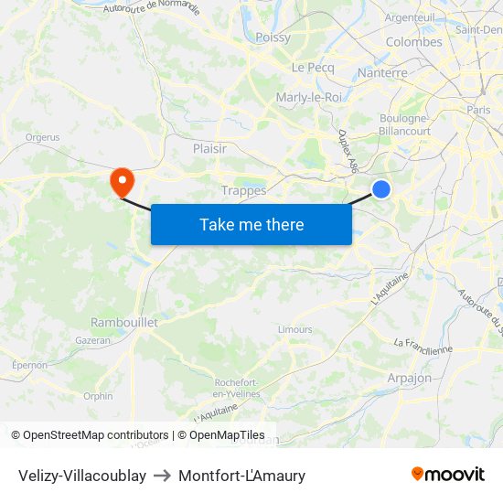 Velizy-Villacoublay to Montfort-L'Amaury map