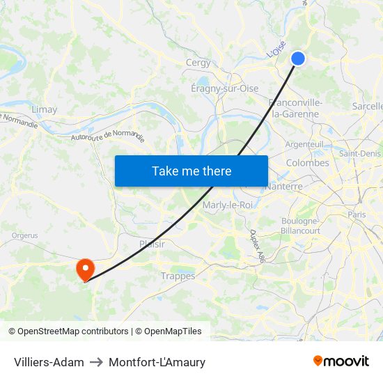 Villiers-Adam to Montfort-L'Amaury map