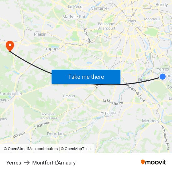 Yerres to Montfort-L'Amaury map