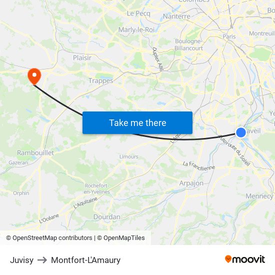 Juvisy to Montfort-L'Amaury map