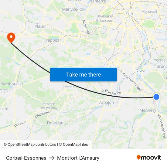 Corbeil-Essonnes to Montfort-L'Amaury map