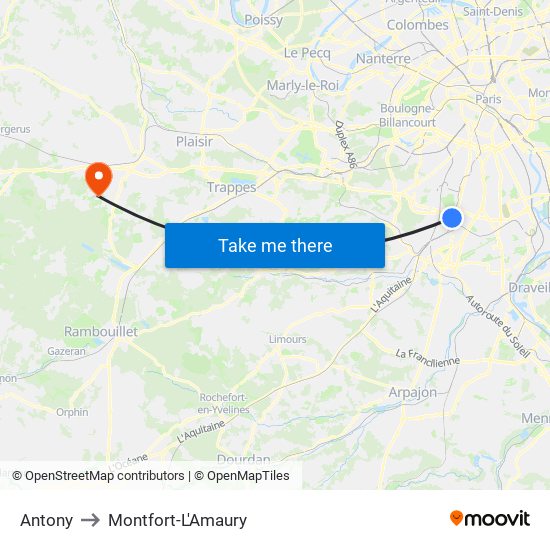 Antony to Montfort-L'Amaury map