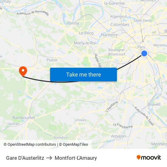 Gare D'Austerlitz to Montfort-L'Amaury map