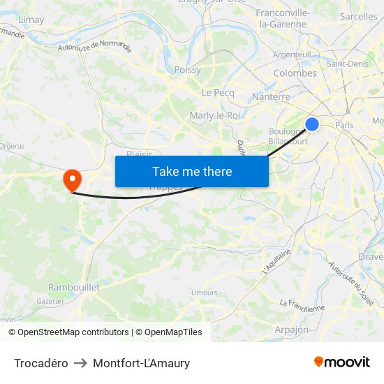 Trocadéro to Montfort-L'Amaury map