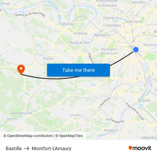 Bastille to Montfort-L'Amaury map